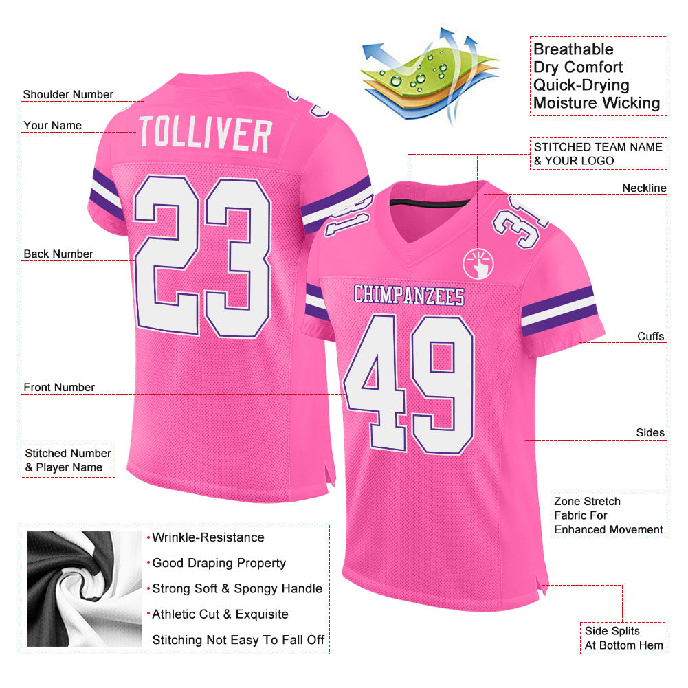 Custom Pink White-Purple Mesh Authentic Football Jersey view 2