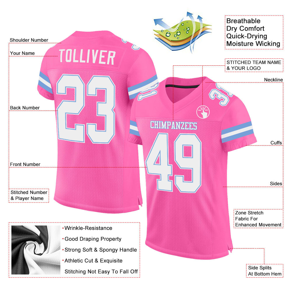 Custom Pink White-Light Blue Mesh Authentic Football Jersey view 2