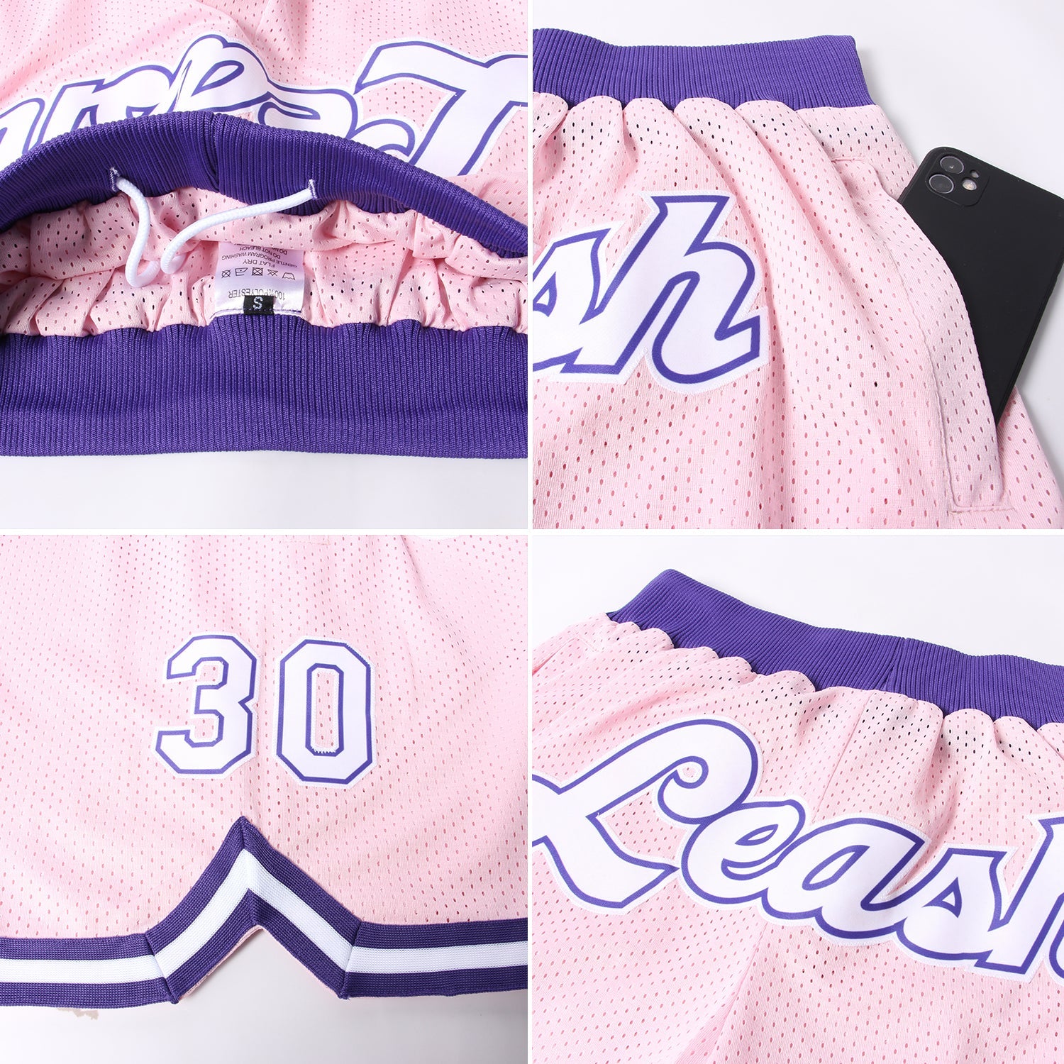 Custom Light Pink White-Purple Authentic Throwback Basketball Shorts view 4
