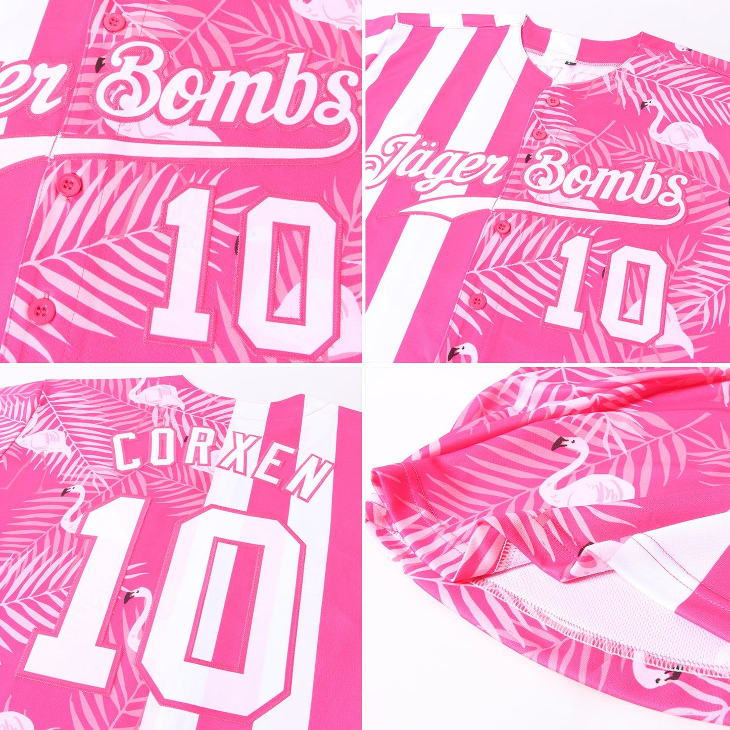 Custom Pink White 3D Pattern Design Tropical Palm Leaves And Famingo Authentic Baseball Jersey view 6