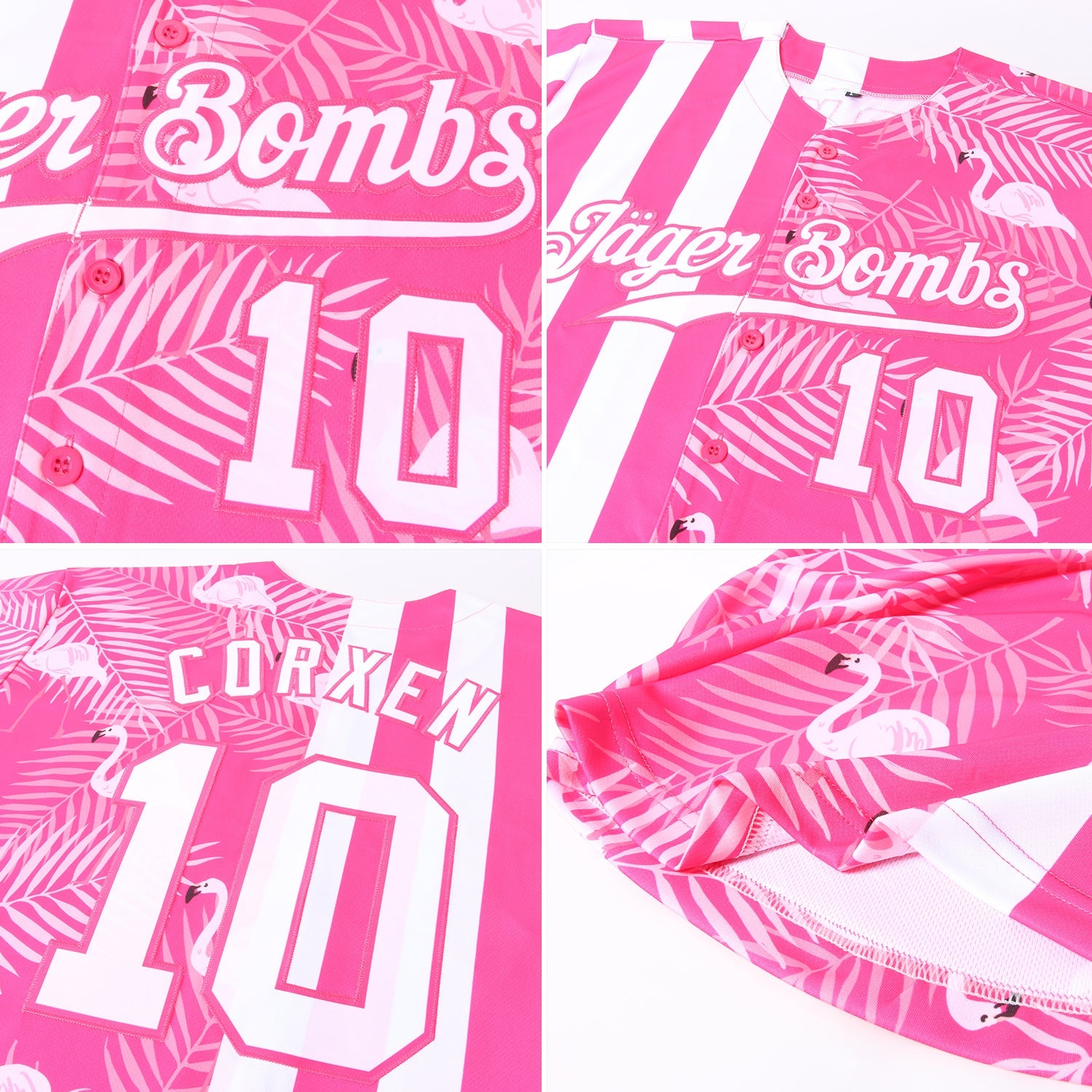 Custom Pink White 3D Pattern Design Tropical Palm Leaves And Famingo Authentic Baseball Jersey view 6