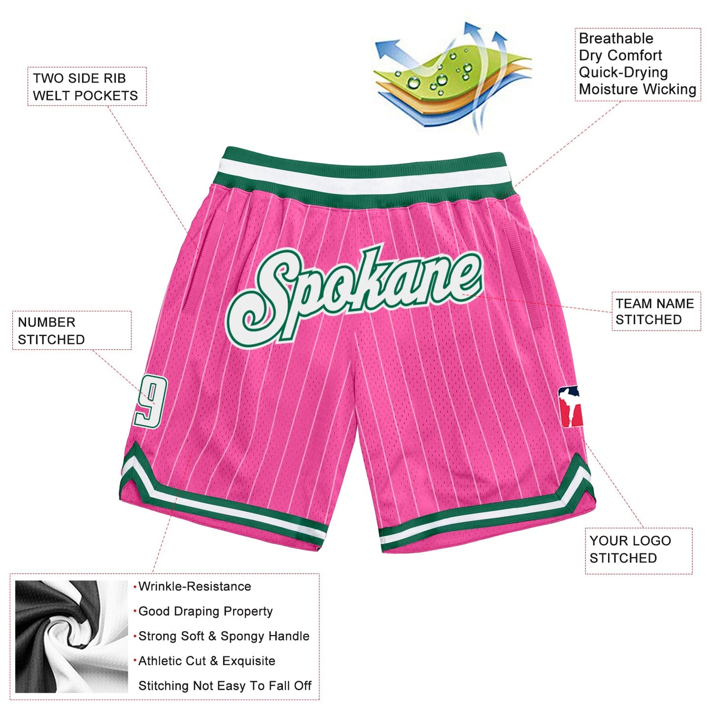 Custom Pink White Pinstripe White-Kelly Green Authentic Basketball Shorts view 2