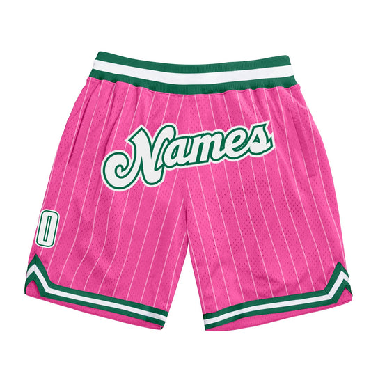 Custom Pink White Pinstripe White-Kelly Green Authentic Basketball Shorts - Main View