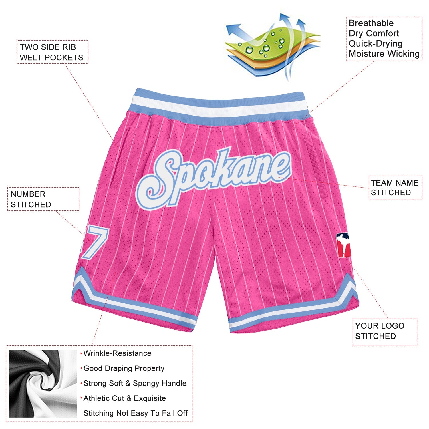 Custom Pink White Pinstripe White-Light Blue Authentic Basketball Shorts view 2