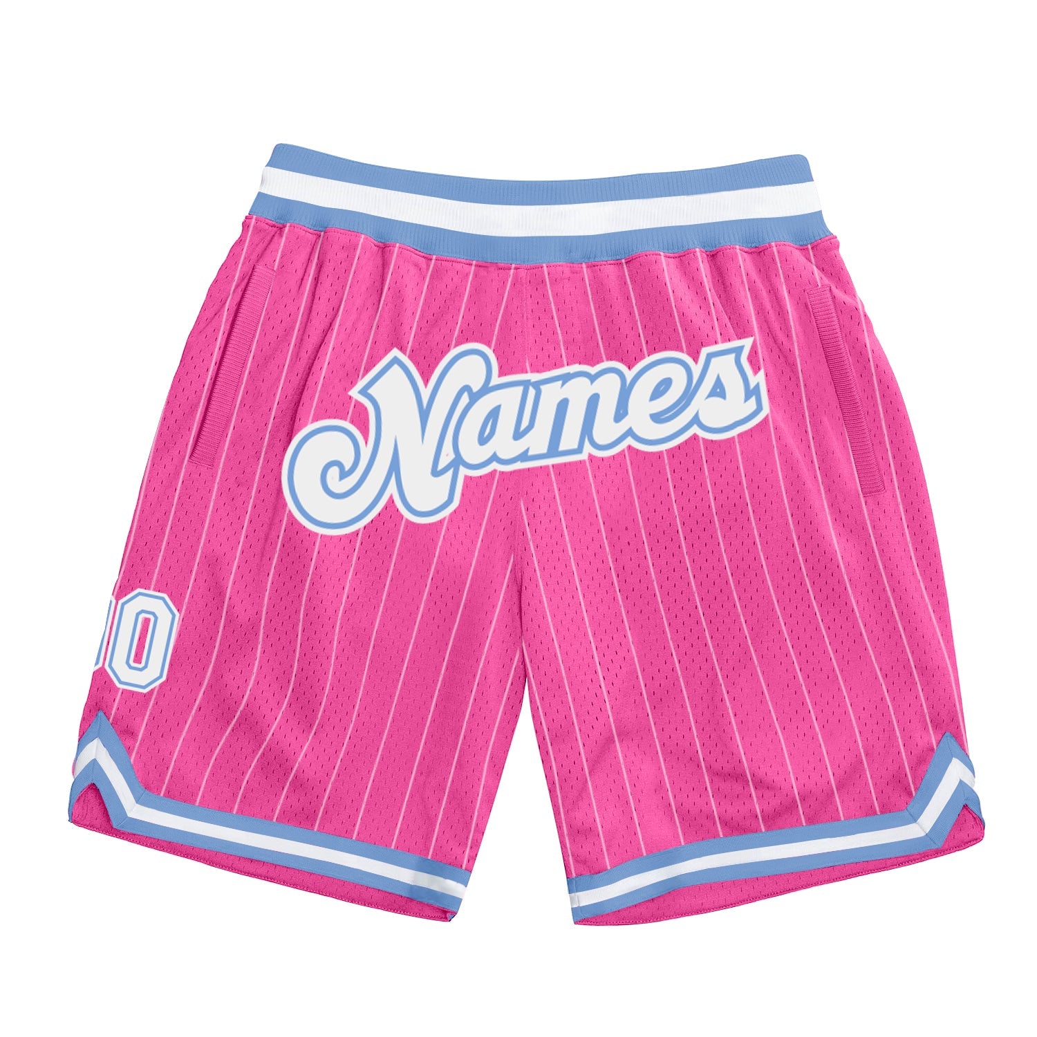 Custom Pink White Pinstripe White-Light Blue Authentic Basketball Shorts - Main View