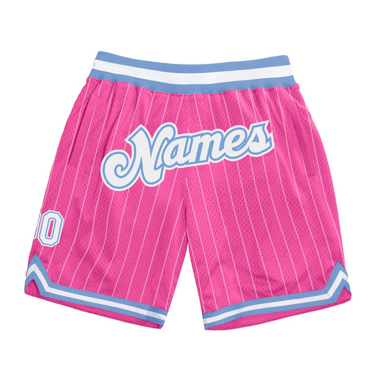 Custom Pink White Pinstripe White-Light Blue Authentic Basketball Shorts - Main View