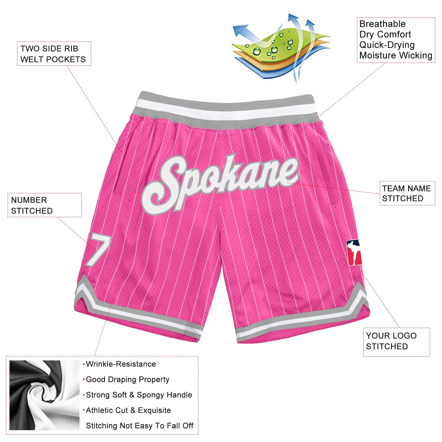 Custom Pink White Pinstripe White-Gray Authentic Basketball Shorts view 2