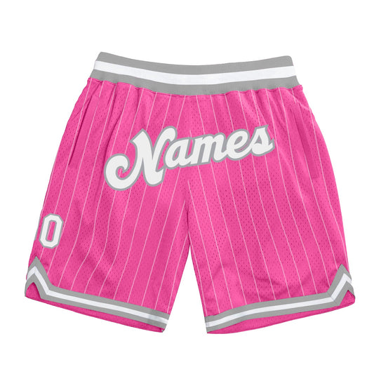 Custom Pink White Pinstripe White-Gray Authentic Basketball Shorts - Main View