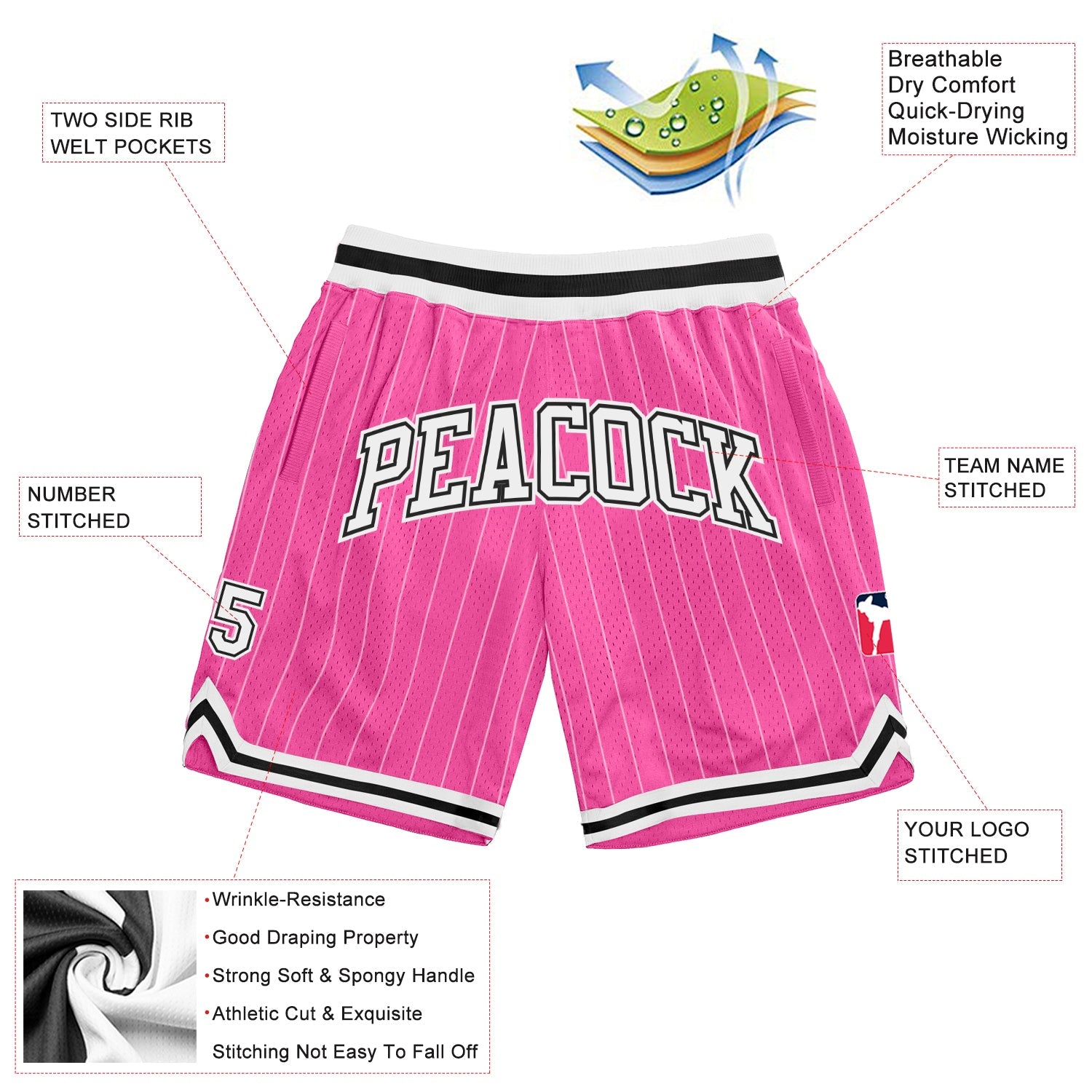 Custom Pink White Pinstripe White-Black Authentic Basketball Shorts view 2