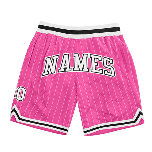Custom Pink White Pinstripe White-Black Authentic Basketball Shorts - Main View