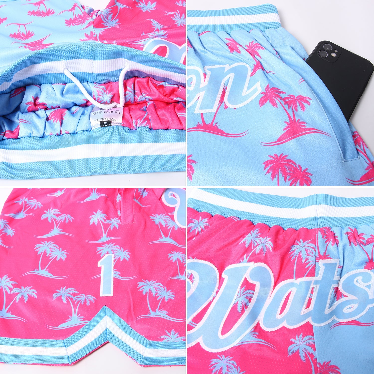 Custom Pink Light Blue-White 3D Pattern Design Palm Trees Authentic Basketball Shorts view 4