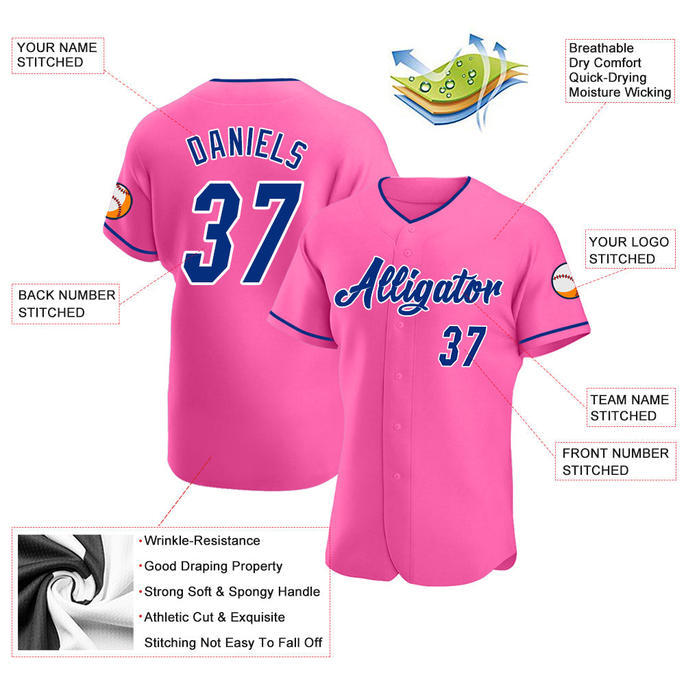 Custom Pink Royal-White Authentic Baseball Jersey view 3