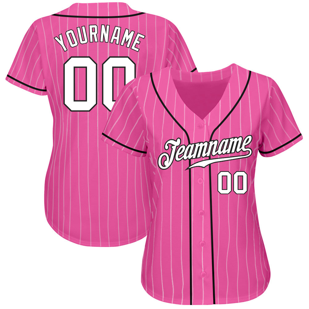 Custom Pink White Pinstripe White-Black Authentic Baseball Jersey view 2