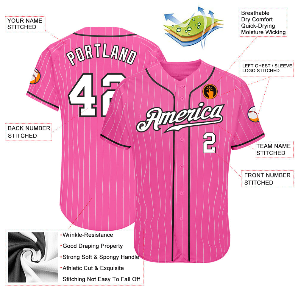 Custom Pink White Pinstripe White-Black Authentic Baseball Jersey view 3