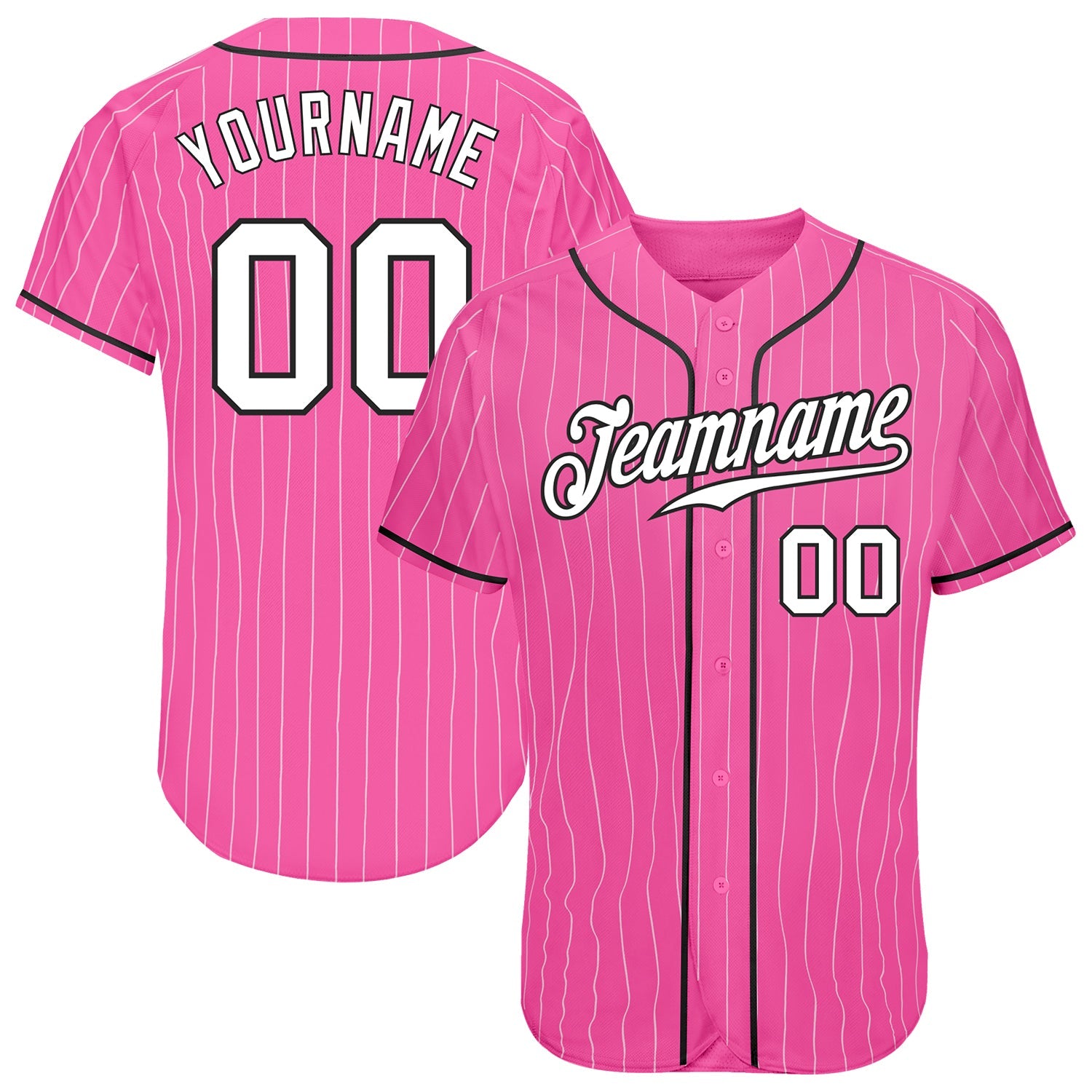 Custom Pink White Pinstripe White-Black Authentic Baseball Jersey - Main View