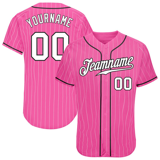Custom Pink White Pinstripe White-Black Authentic Baseball Jersey - Main View