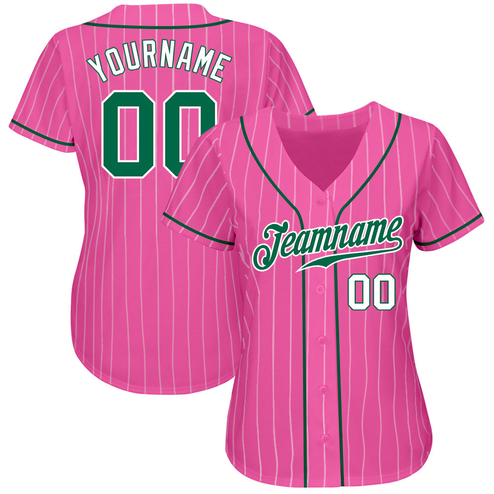 Custom Pink White Pinstripe Kelly Green-White Authentic Baseball Jersey view 2