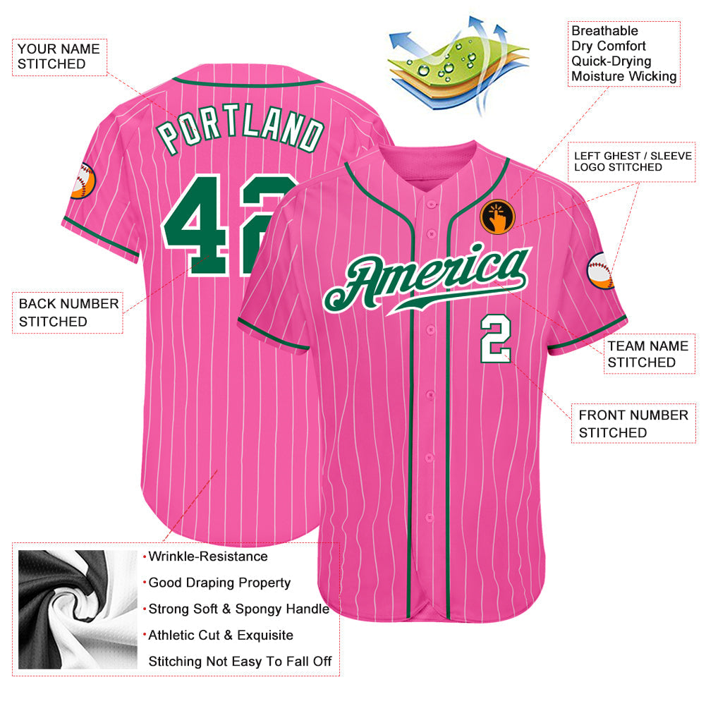 Custom Pink White Pinstripe Kelly Green-White Authentic Baseball Jersey view 3