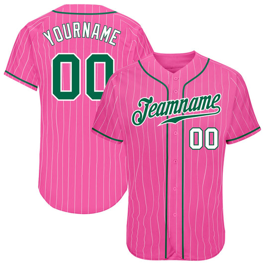Custom Pink White Pinstripe Kelly Green-White Authentic Baseball Jersey - Main View