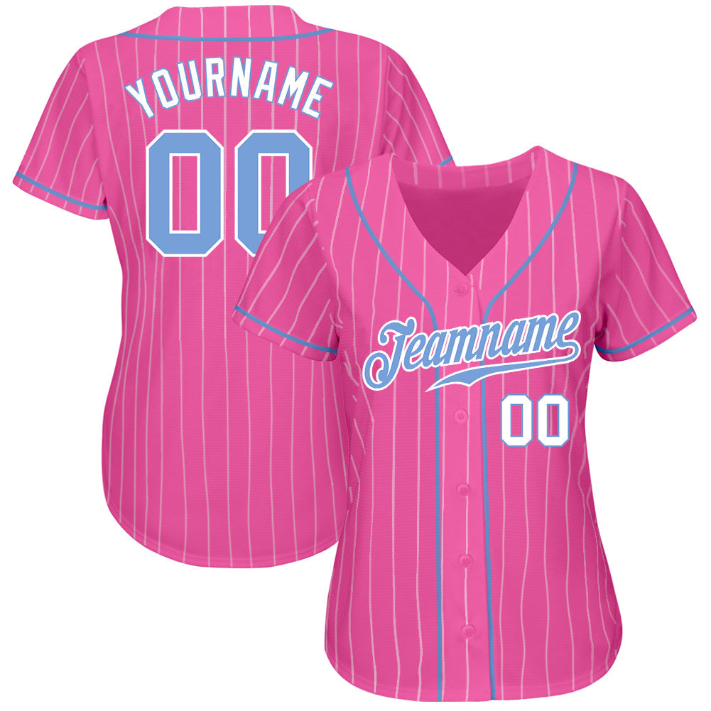 Custom Pink White Pinstripe Light Blue-White Authentic Baseball Jersey view 3