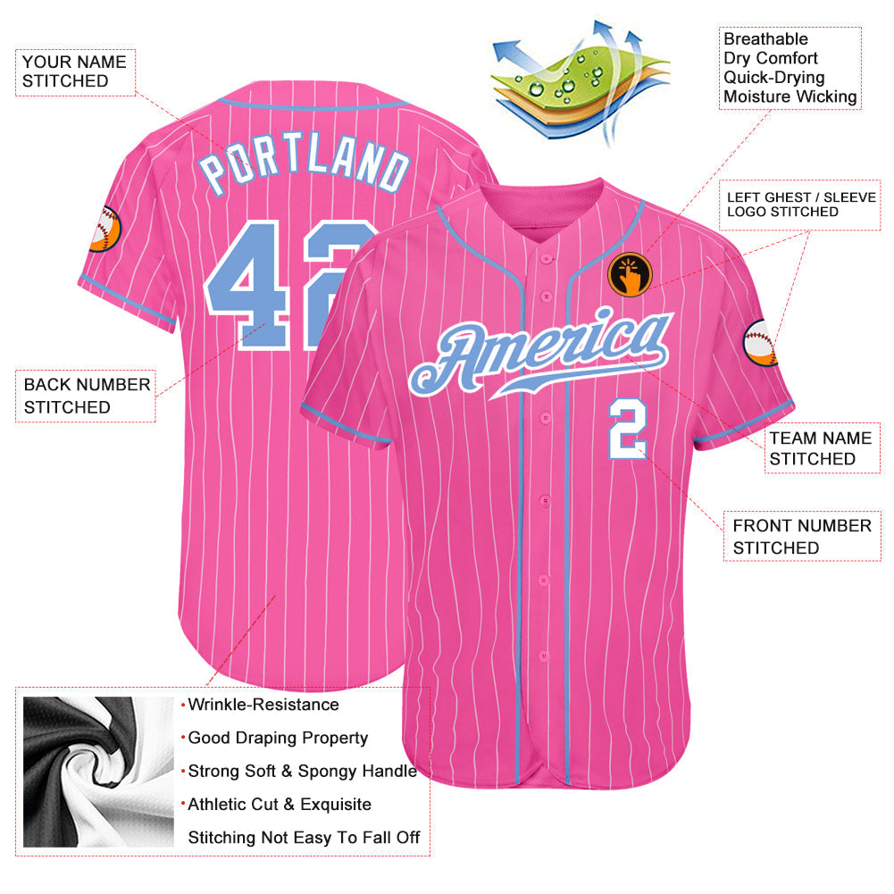 Custom Pink White Pinstripe Light Blue-White Authentic Baseball Jersey view 4