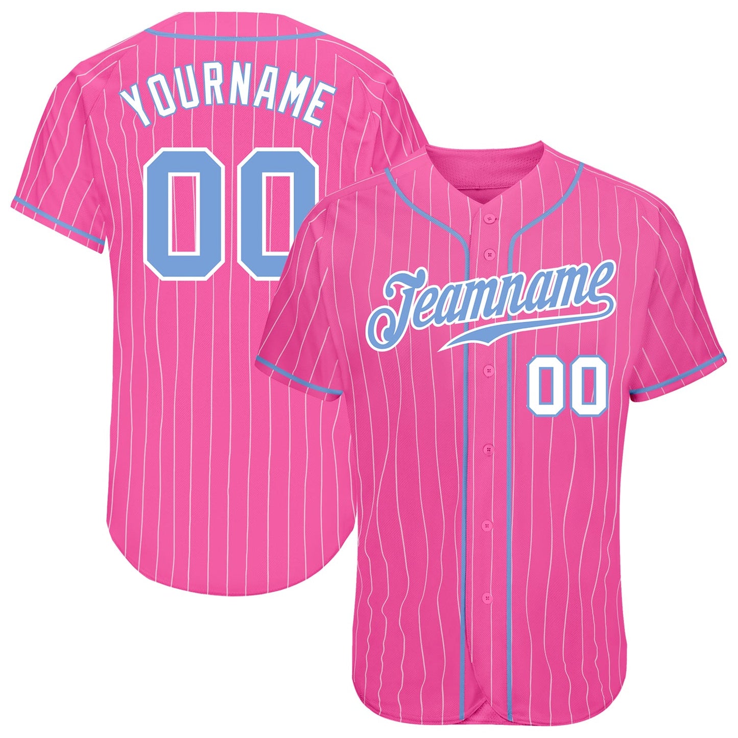 Custom Pink White Pinstripe Light Blue-White Authentic Baseball Jersey - Main View