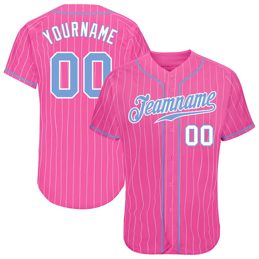 Custom Pink White Pinstripe Light Blue-White Authentic Baseball Jersey - Main View