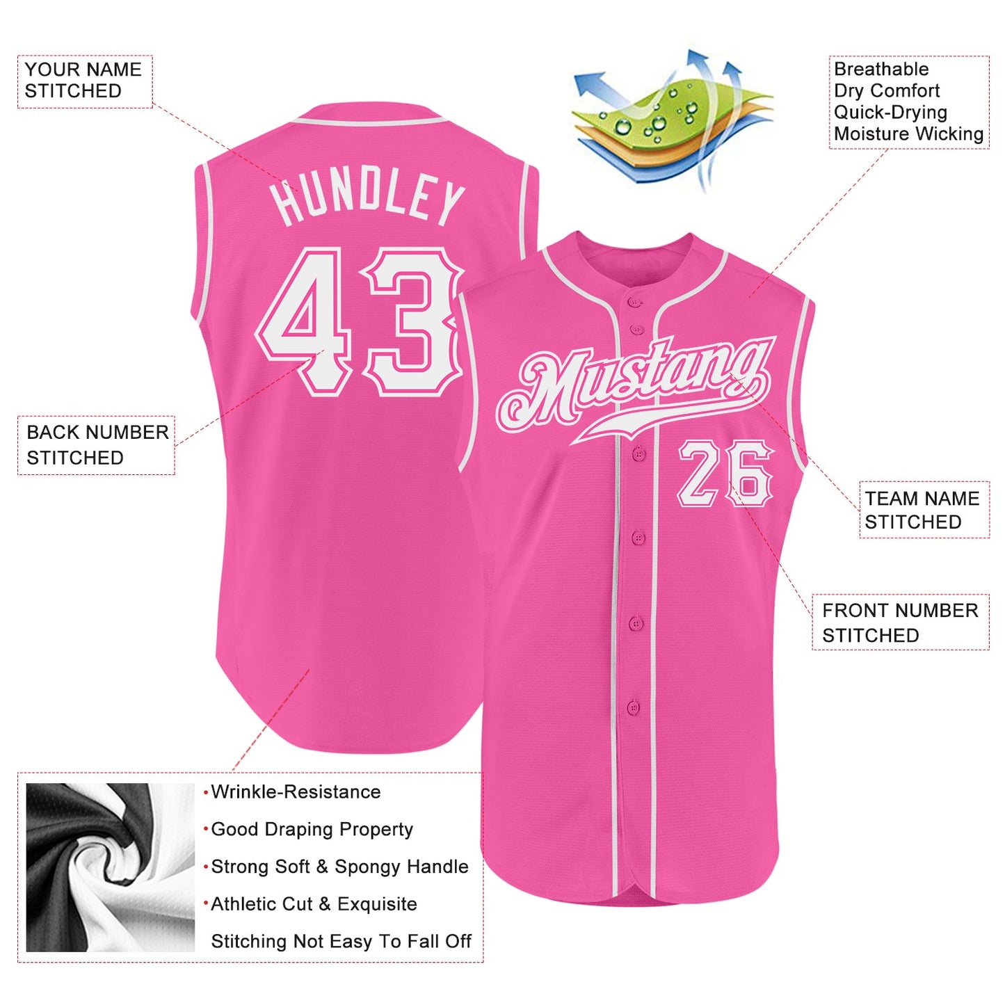 Custom Pink White Authentic Sleeveless Baseball Jersey view 2