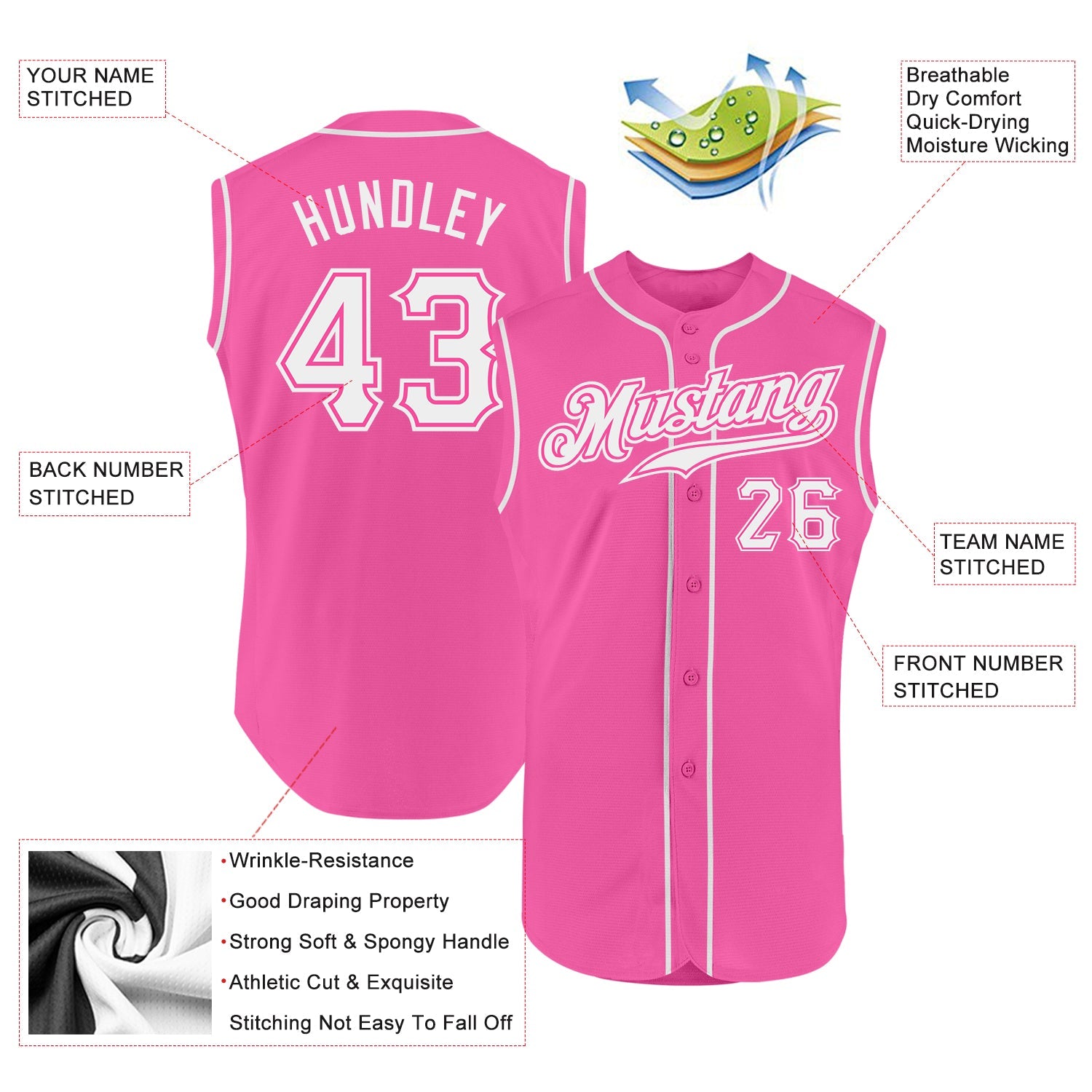Custom Pink White Authentic Sleeveless Baseball Jersey view 2