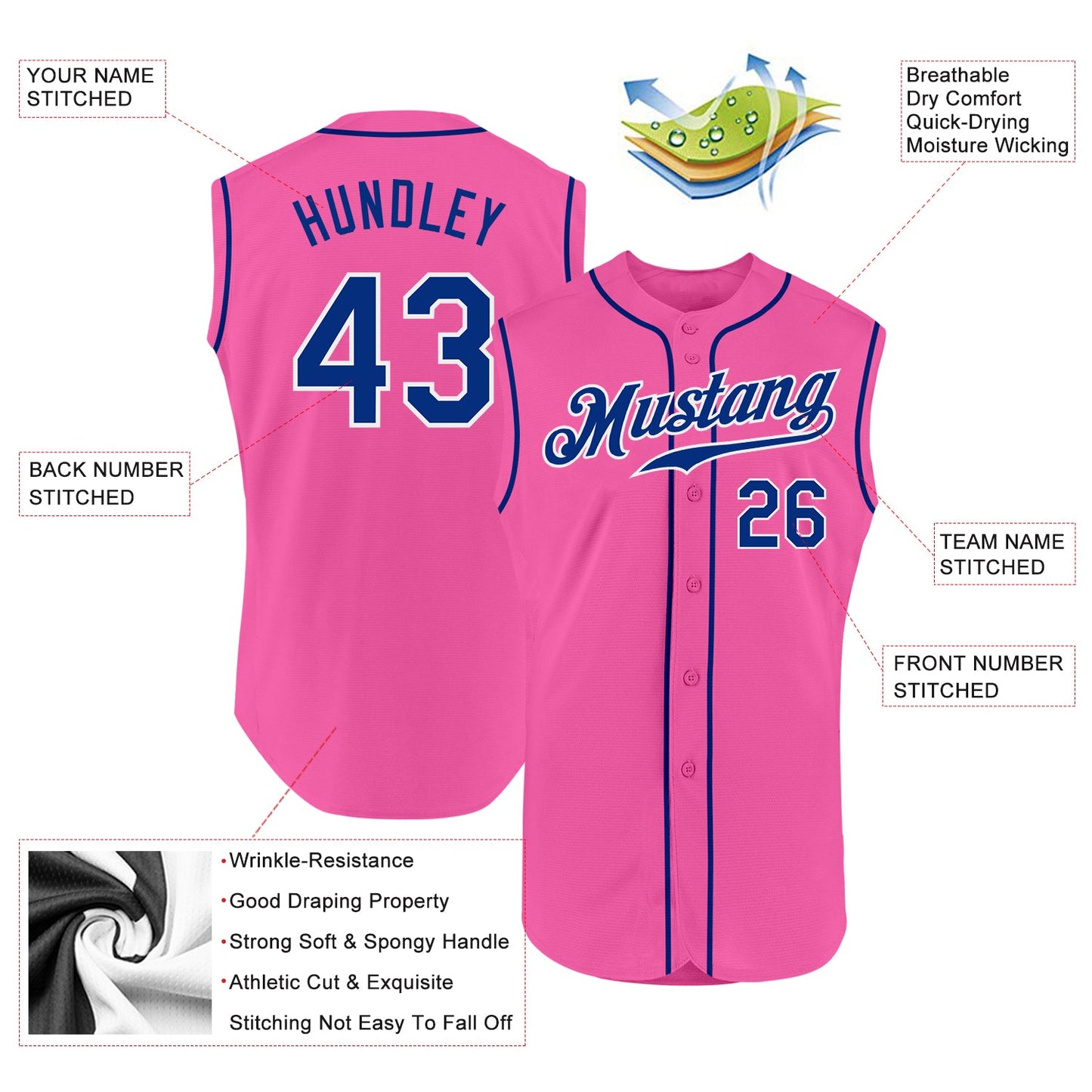 Custom Pink Royal-White Authentic Sleeveless Baseball Jersey view 2