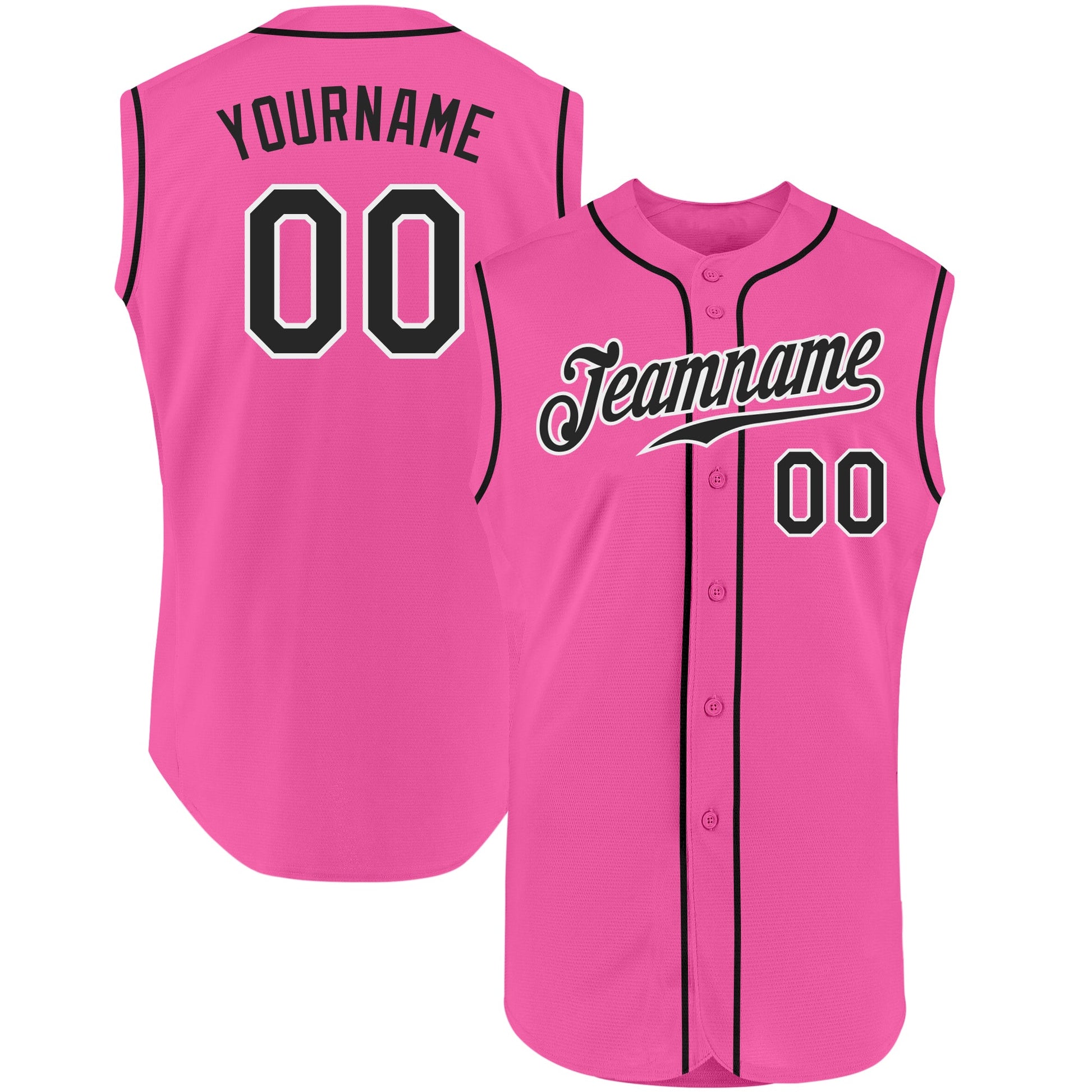 Custom Pink Black-White Authentic Sleeveless Baseball Jersey - Main View
