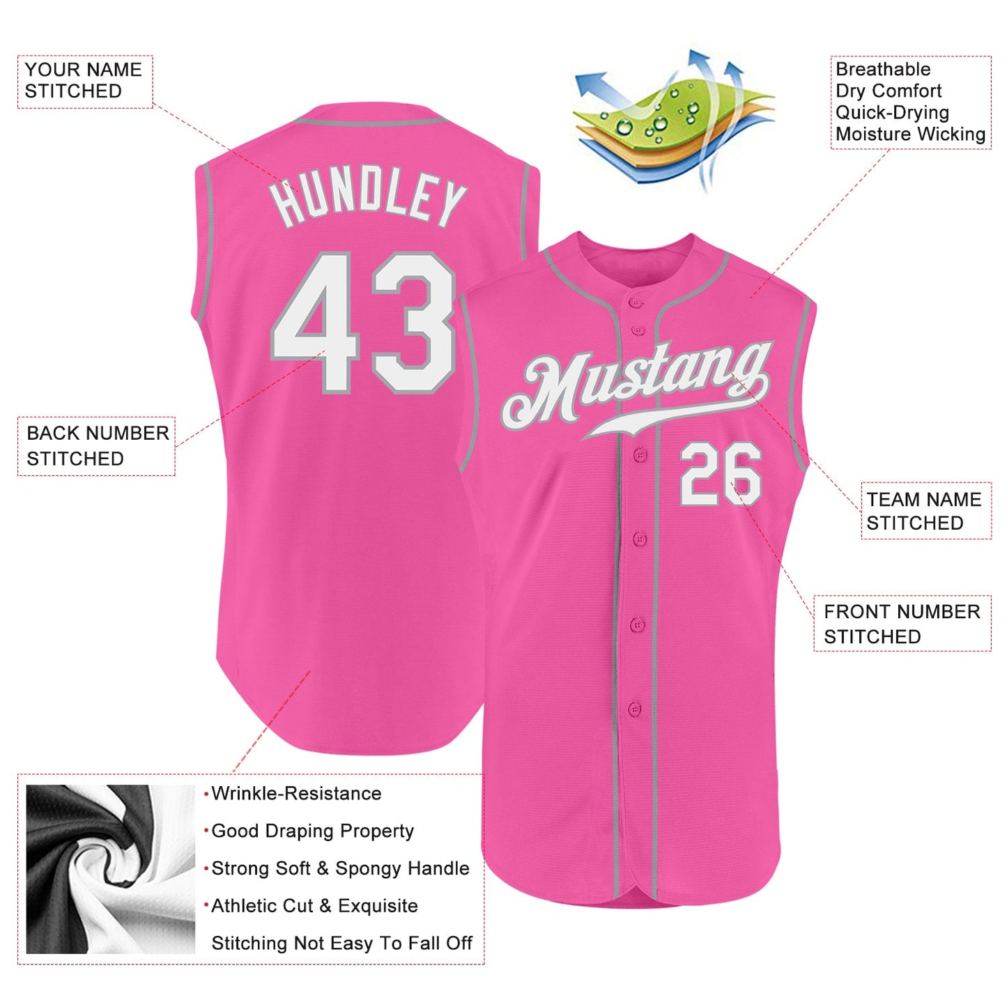 Custom Pink White-Gray Authentic Sleeveless Baseball Jersey view 2