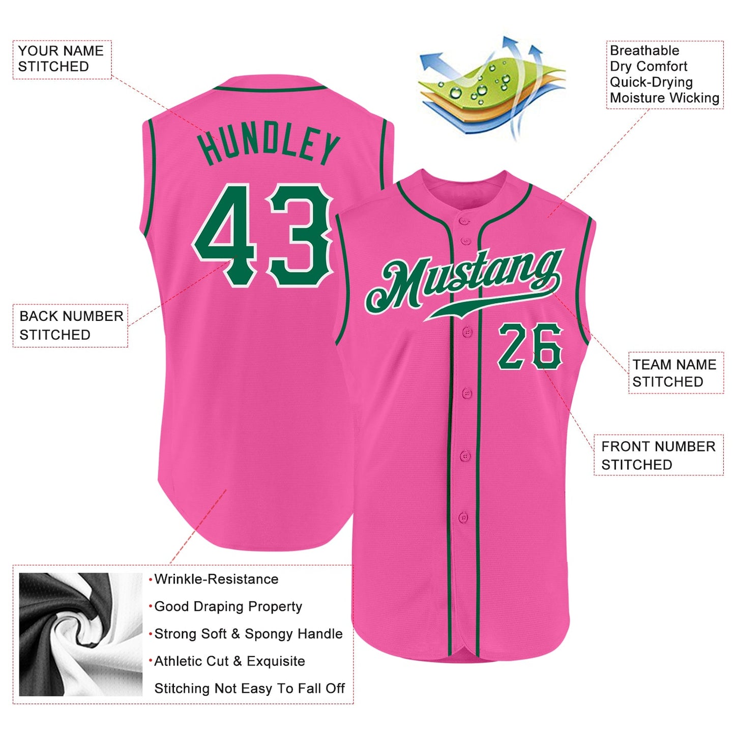 Custom Pink Kelly Green-White Authentic Sleeveless Baseball Jersey view 2