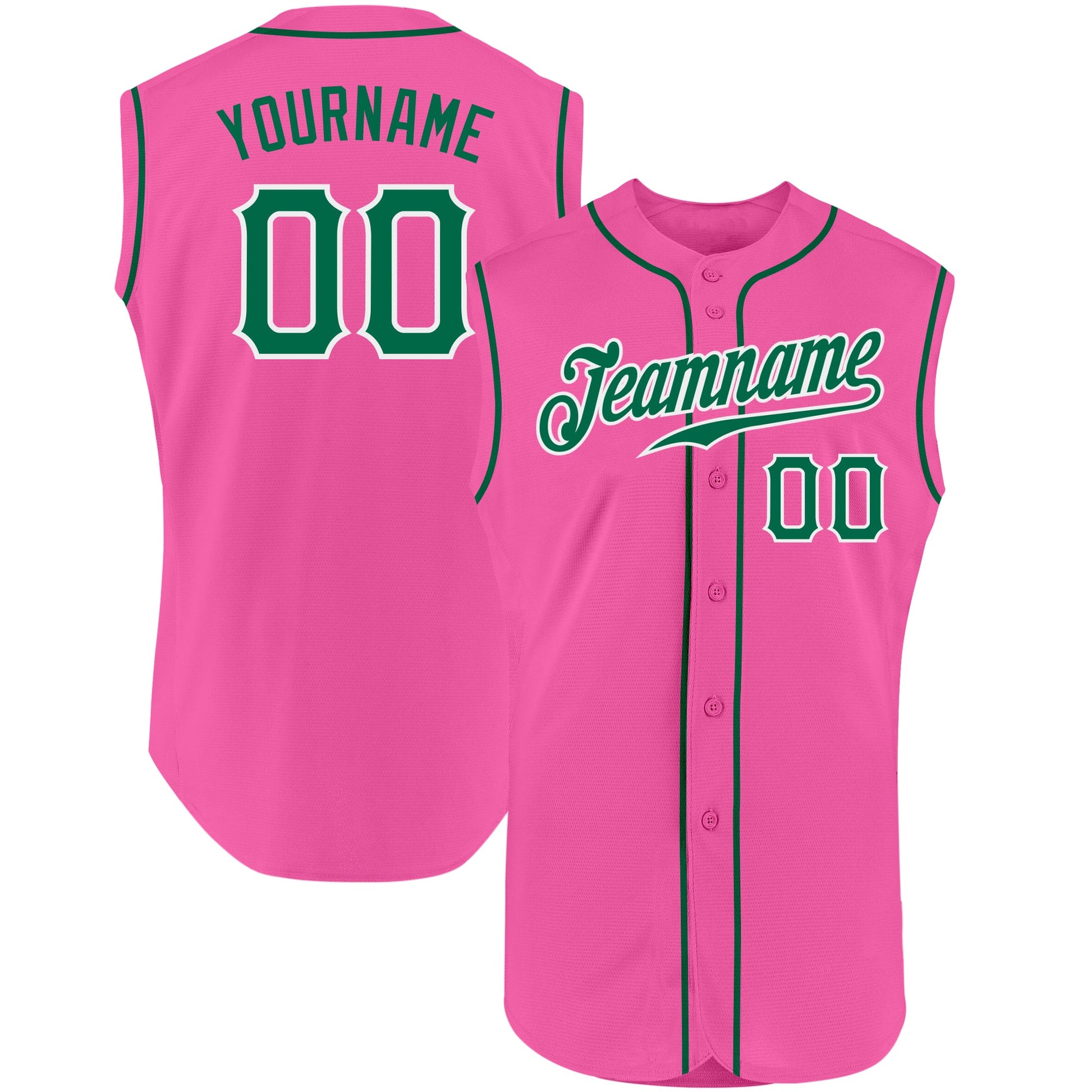 Custom Pink Kelly Green-White Authentic Sleeveless Baseball Jersey - Main View