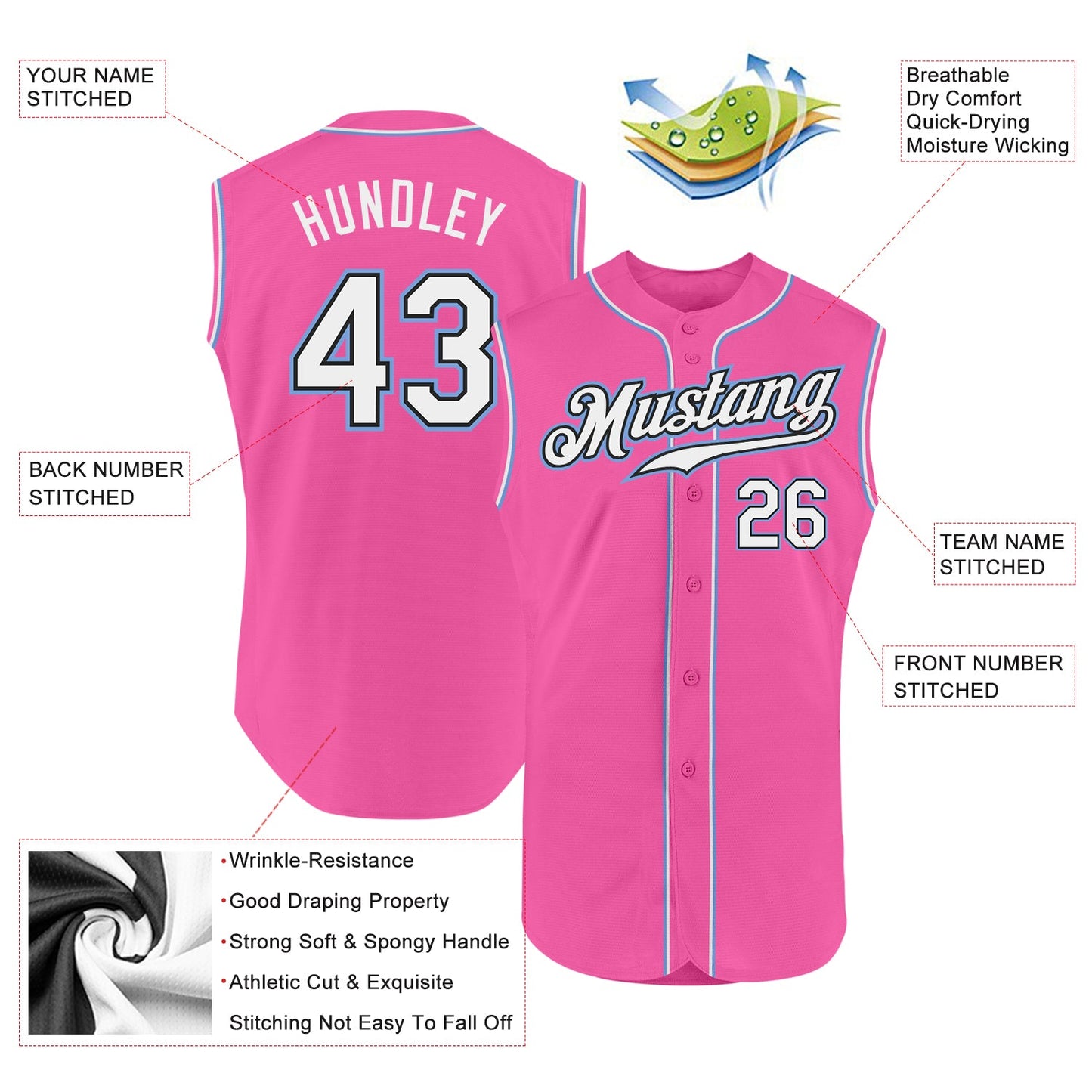 Custom Pink White-Light Blue Authentic Sleeveless Baseball Jersey view 2