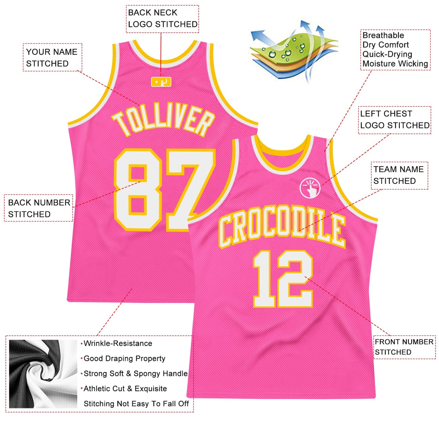 Custom Pink White-Gold Authentic Throwback Basketball Jersey view 2