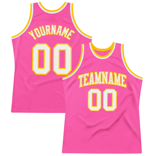 Custom Pink White-Gold Authentic Throwback Basketball Jersey - Main View