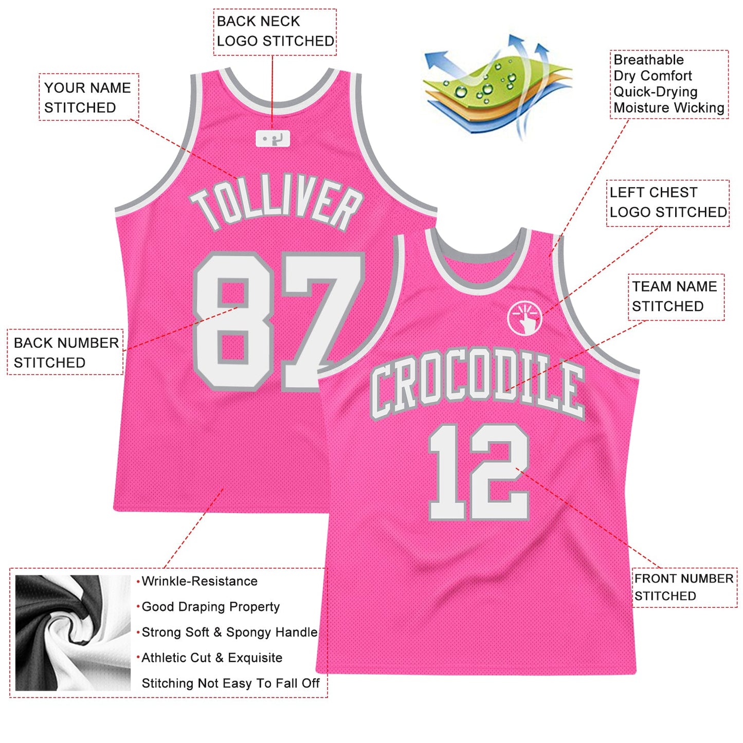 Custom Pink White-Gray Authentic Throwback Basketball Jersey view 2
