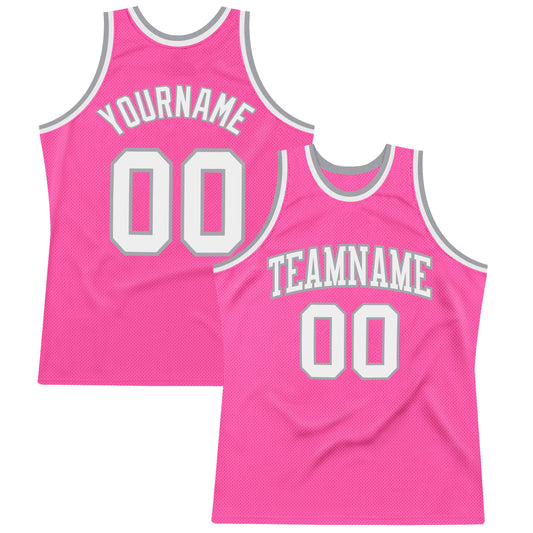 Custom Pink White-Gray Authentic Throwback Basketball Jersey - Main View