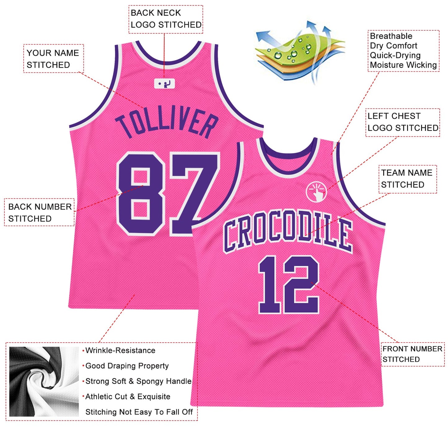 Custom Pink Purple-White Authentic Throwback Basketball Jersey view 2