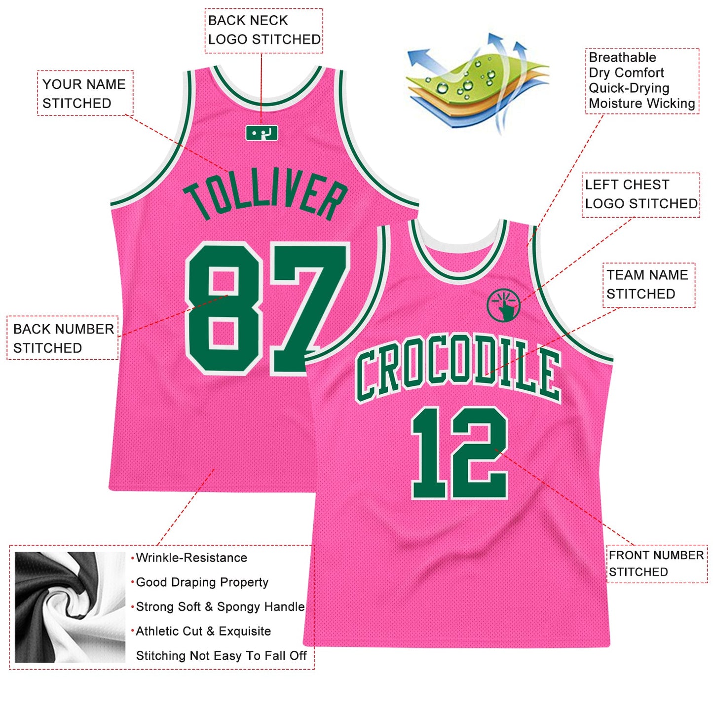 Custom Pink Kelly Green-White Authentic Throwback Basketball Jersey view 2