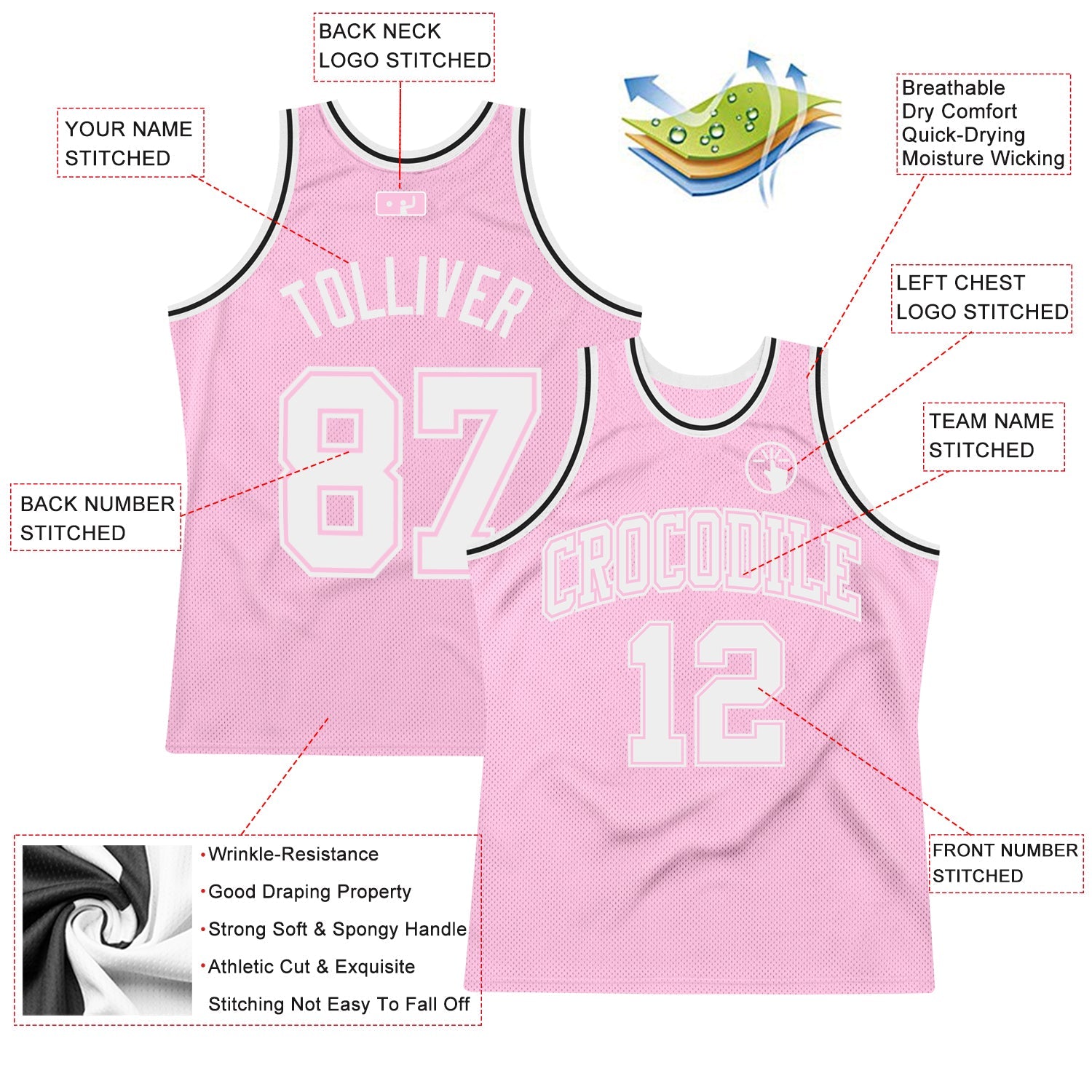 Custom Light Pink White Authentic Throwback Basketball Jersey view 2