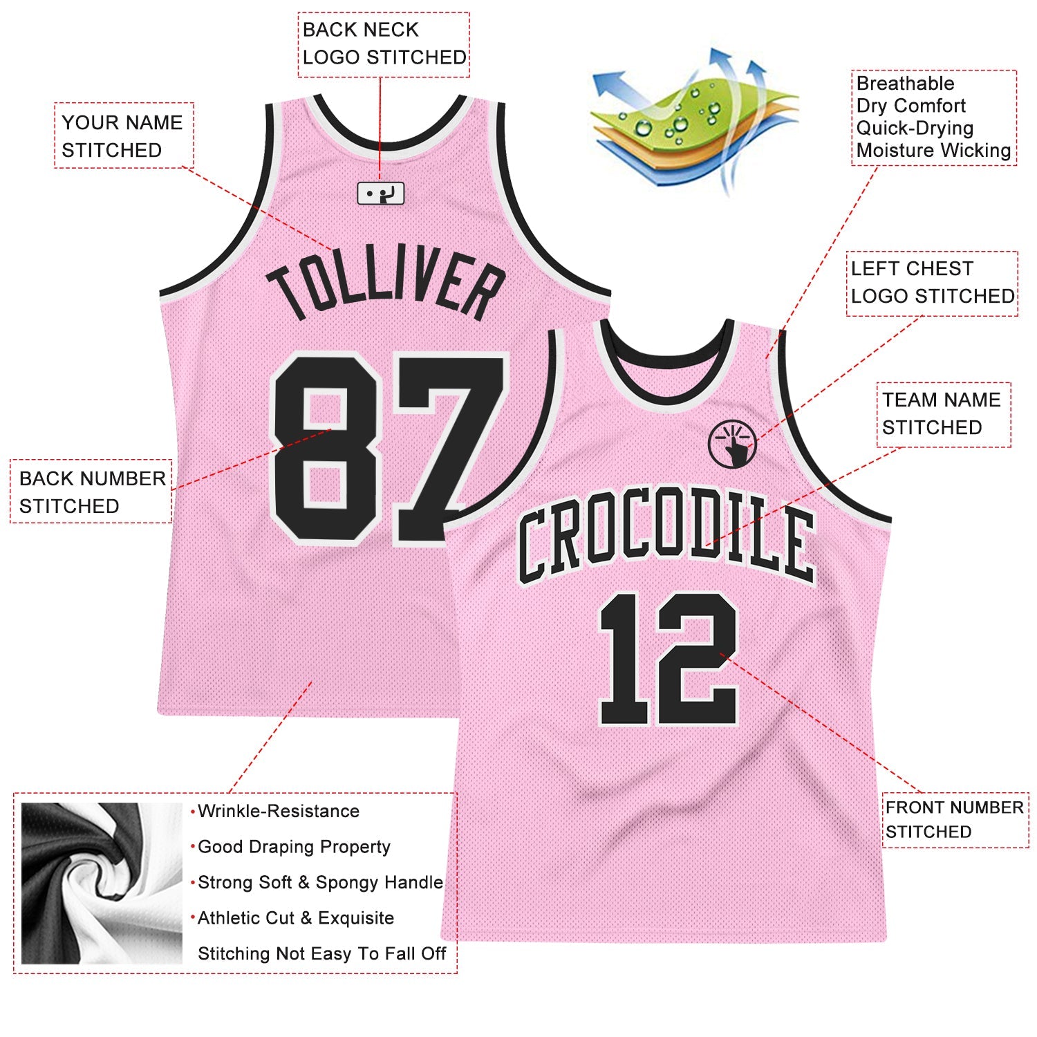 Custom Light Pink Black-White Authentic Throwback Basketball Jersey view 2