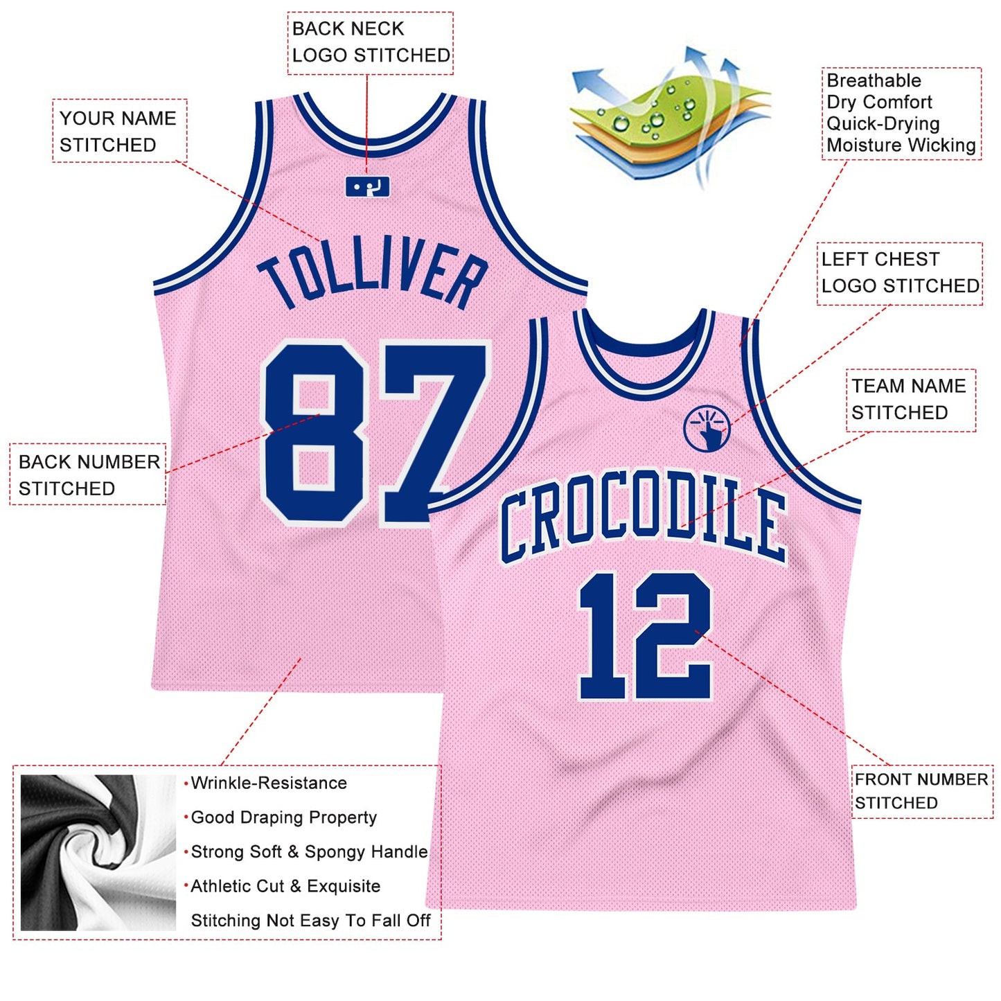 Custom Light Pink Royal-White Authentic Throwback Basketball Jersey view 2