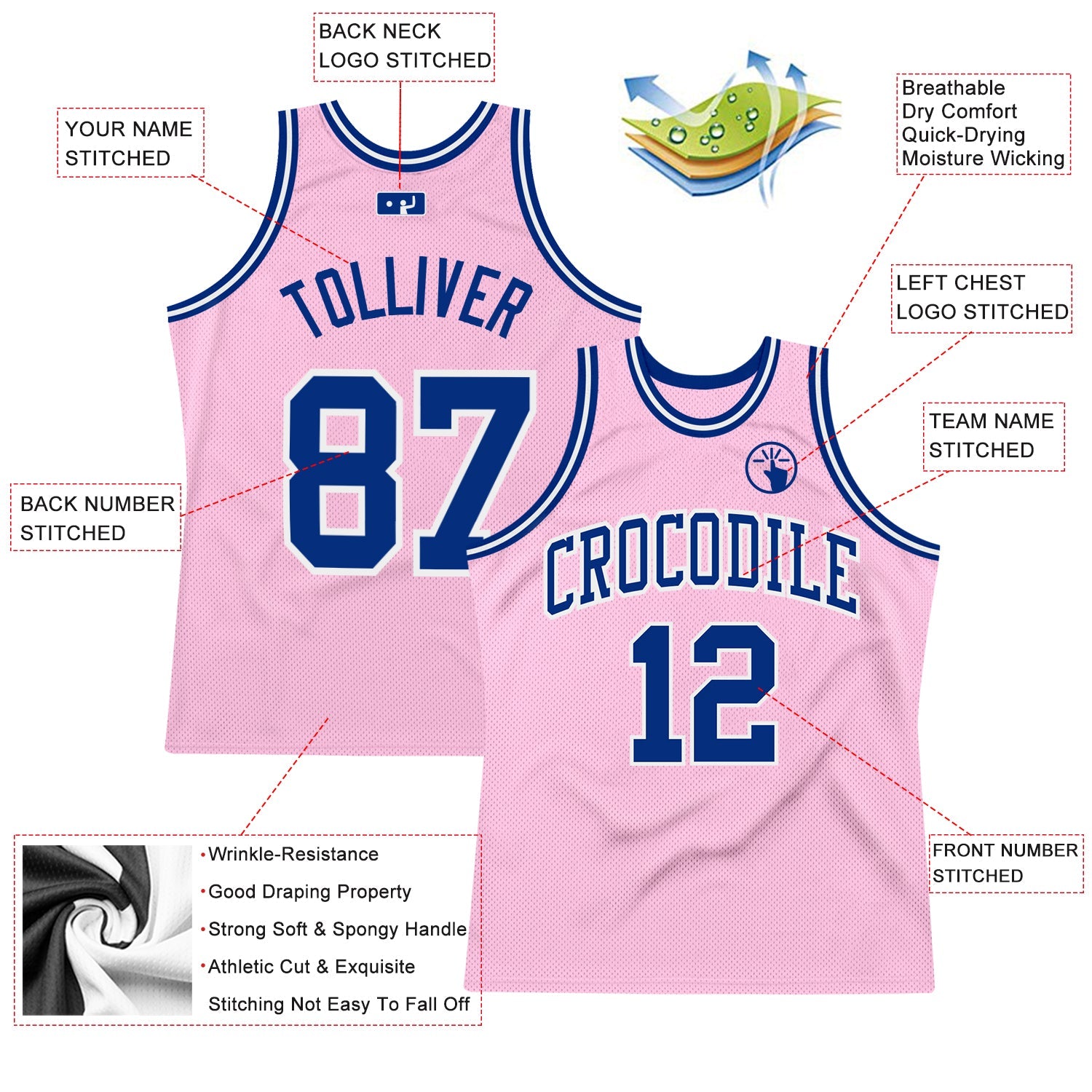 Custom Light Pink Royal-White Authentic Throwback Basketball Jersey view 2