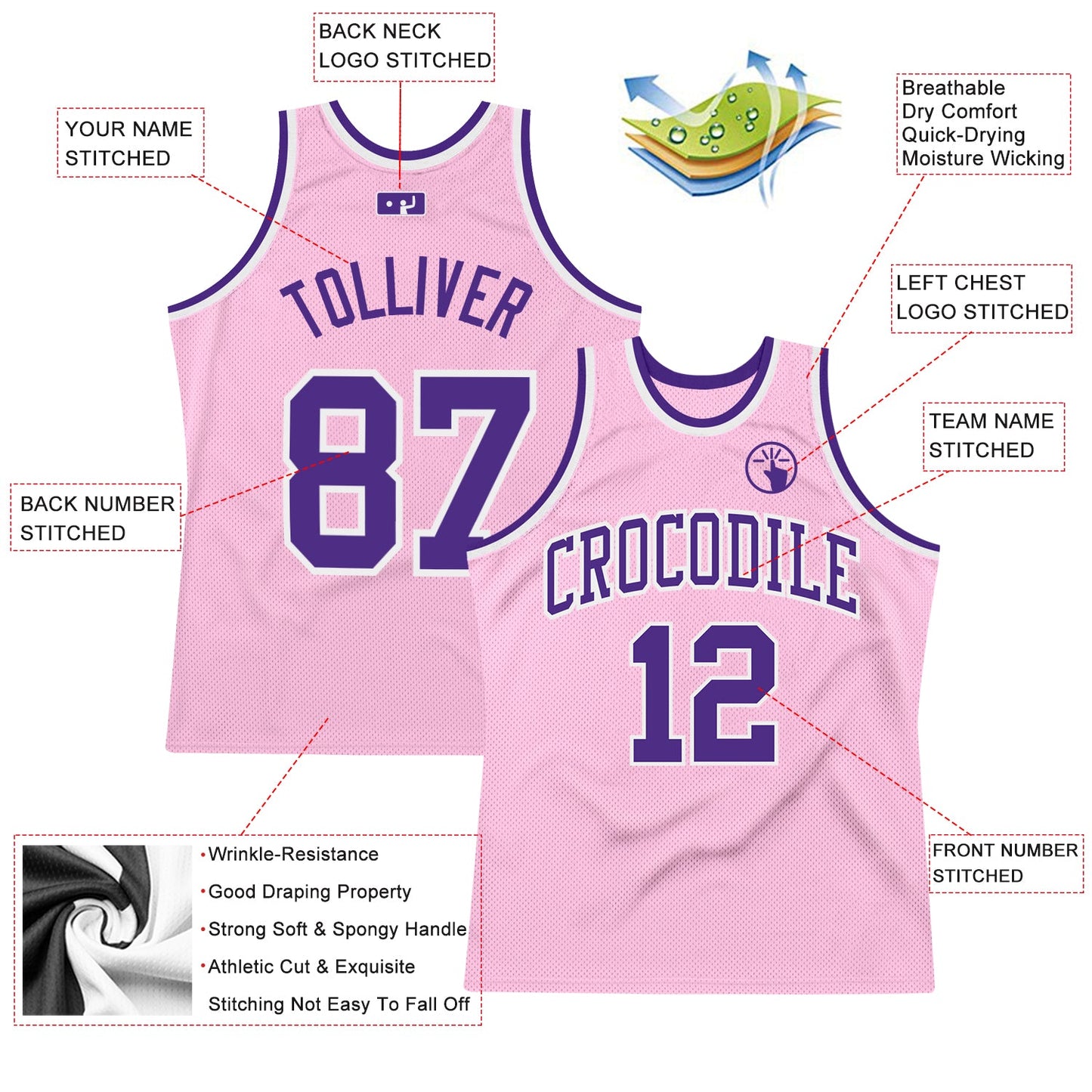 Custom Light Pink Purple-White Authentic Throwback Basketball Jersey view 2