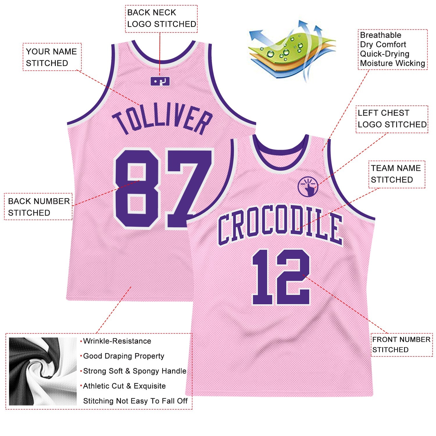 Custom Light Pink Purple-White Authentic Throwback Basketball Jersey view 2