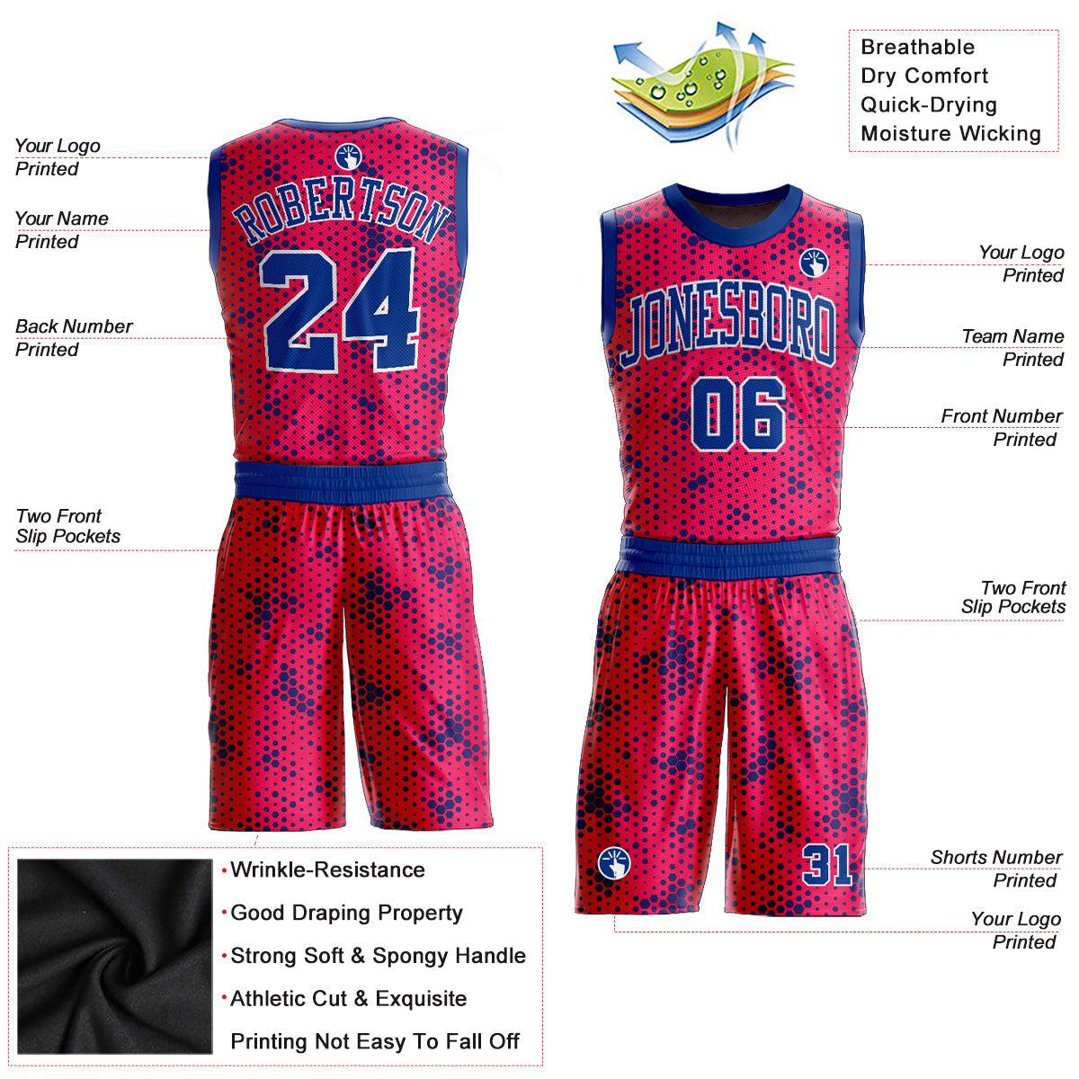 Custom Pink Royal-White Round Neck Sublimation Basketball Uniform Jersey view 2