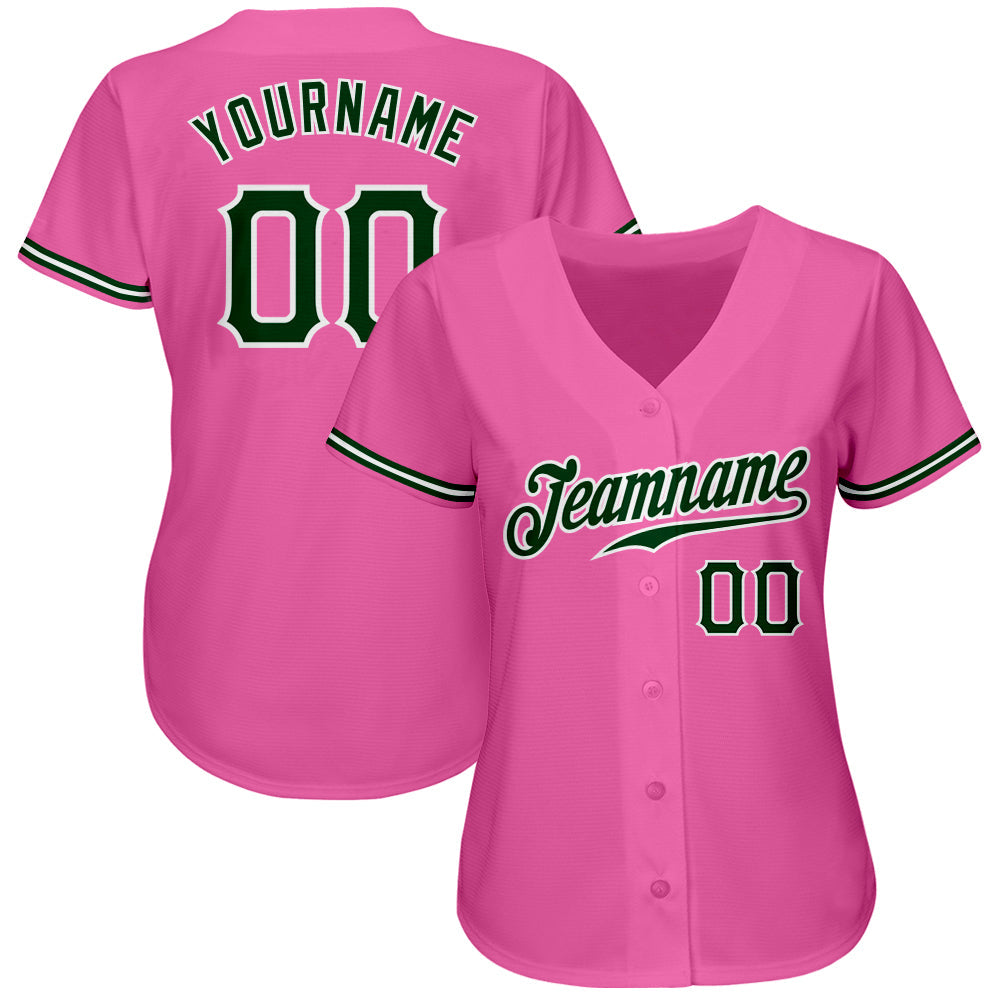 Custom Pink Green-White Authentic Baseball Jersey view 2