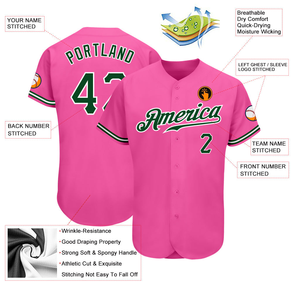 Custom Pink Green-White Authentic Baseball Jersey view 3